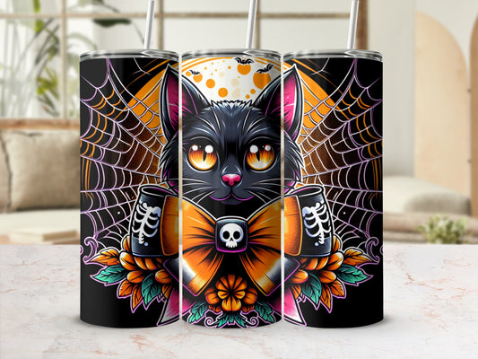 Halloween black cat with orange bow, skull, and spiderwebs on tumblers.