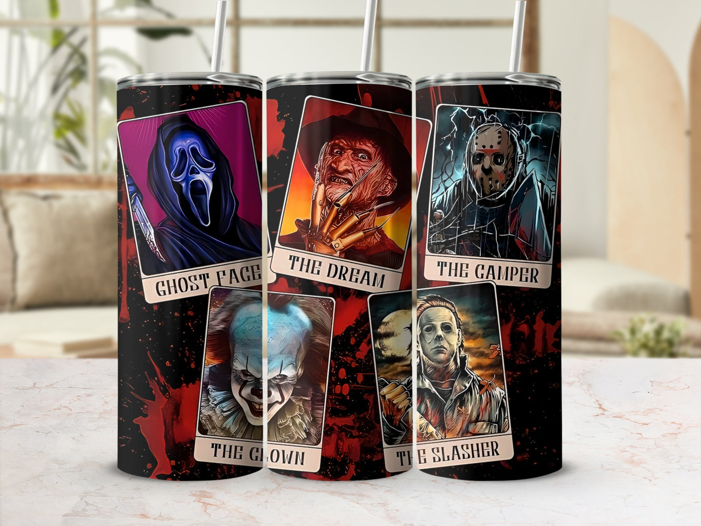 Tumbler with Ghost Face, Freddy Krueger, Jason Voorhees, Pennywise, and Michael Myers designs.