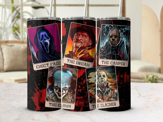 Tumbler with Ghost Face, Freddy Krueger, Jason Voorhees, Pennywise, and Michael Myers designs.