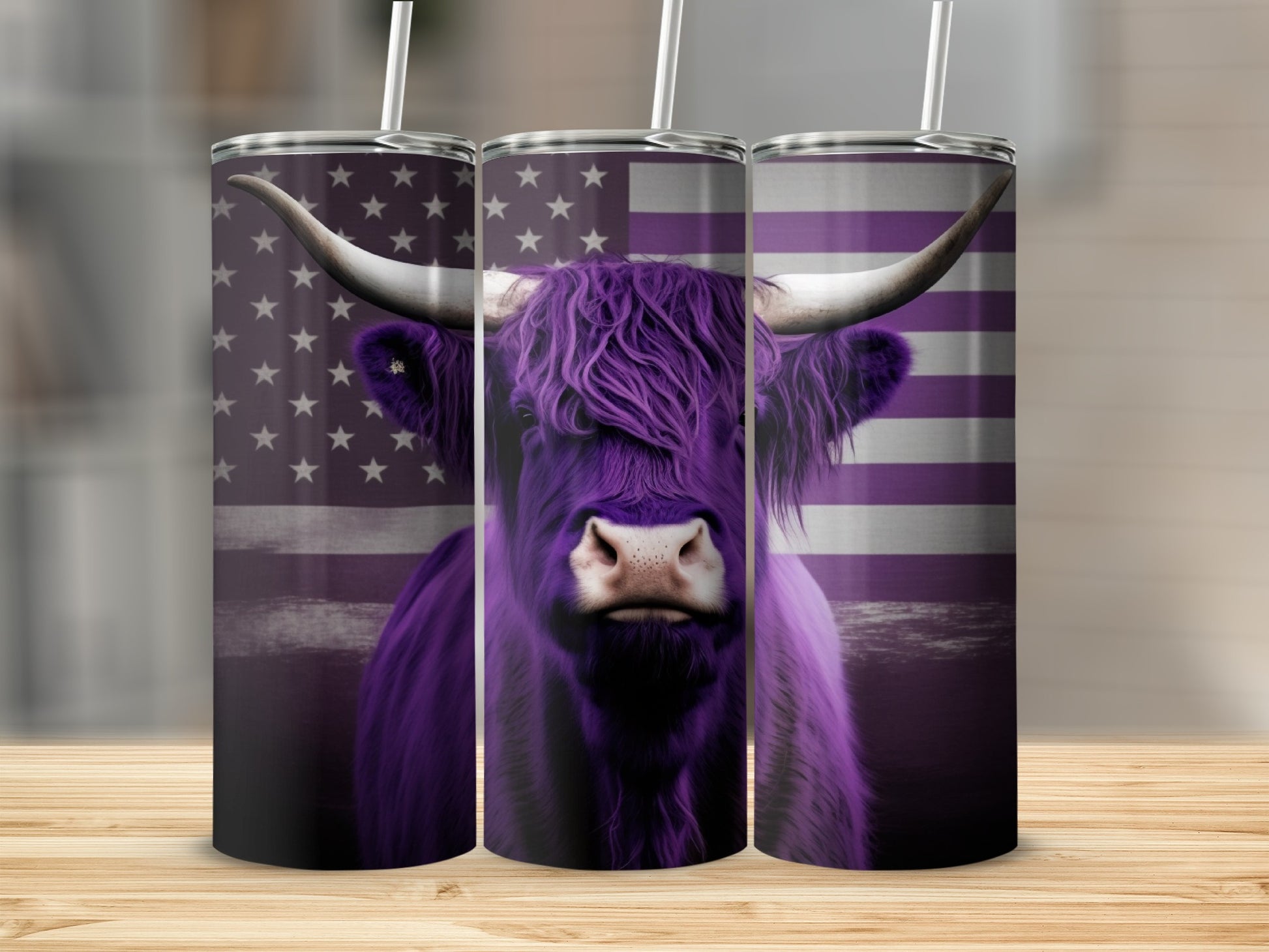 Purple Highland cow with American flag against purple background.