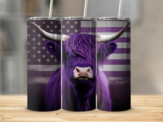 Purple Highland cow with American flag against purple background.