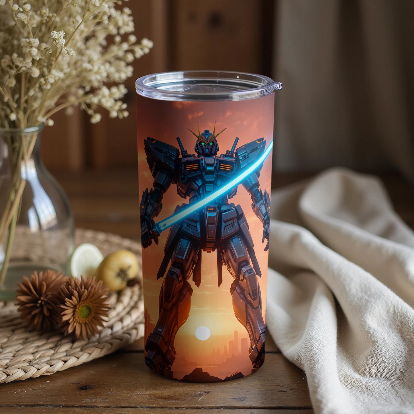 Intense robot warrior with glowing sword tumbler