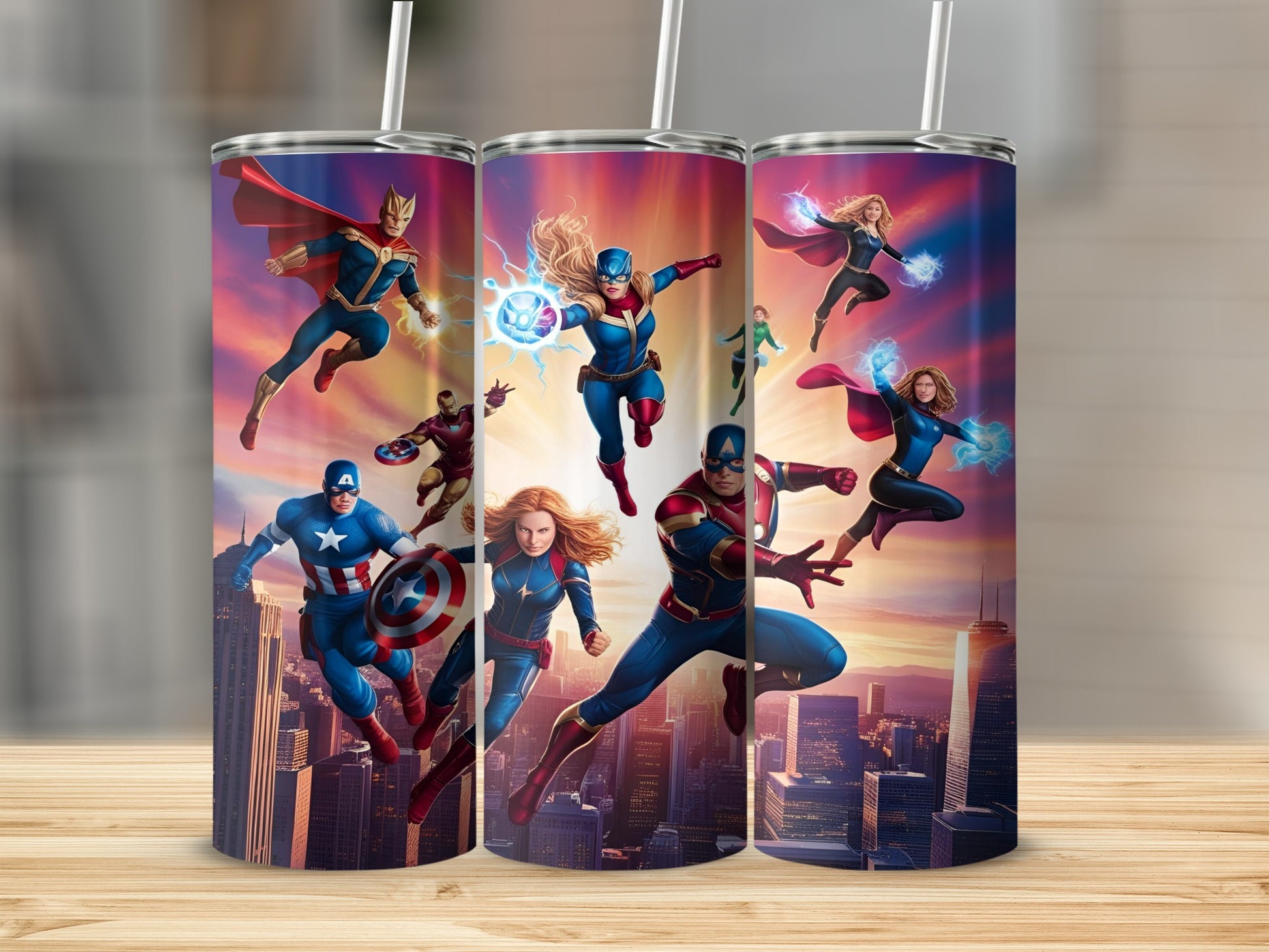 Avengers characters leaping in front of a cityscape at sunset.