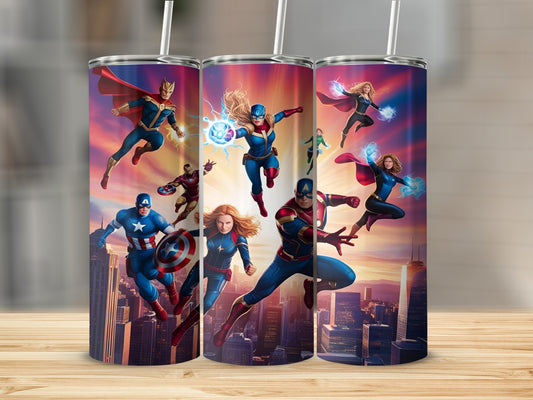 Avengers characters leaping in front of a cityscape at sunset.