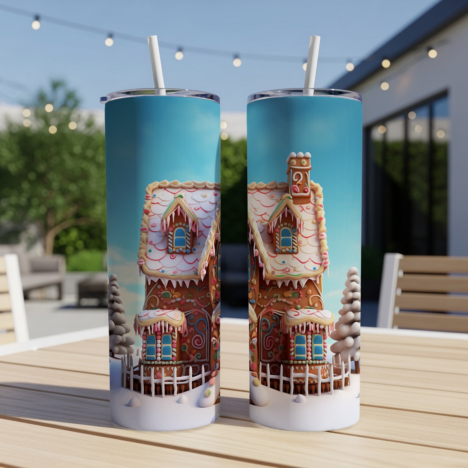 Gingerbread house design on two tumblers on a table outdoors.