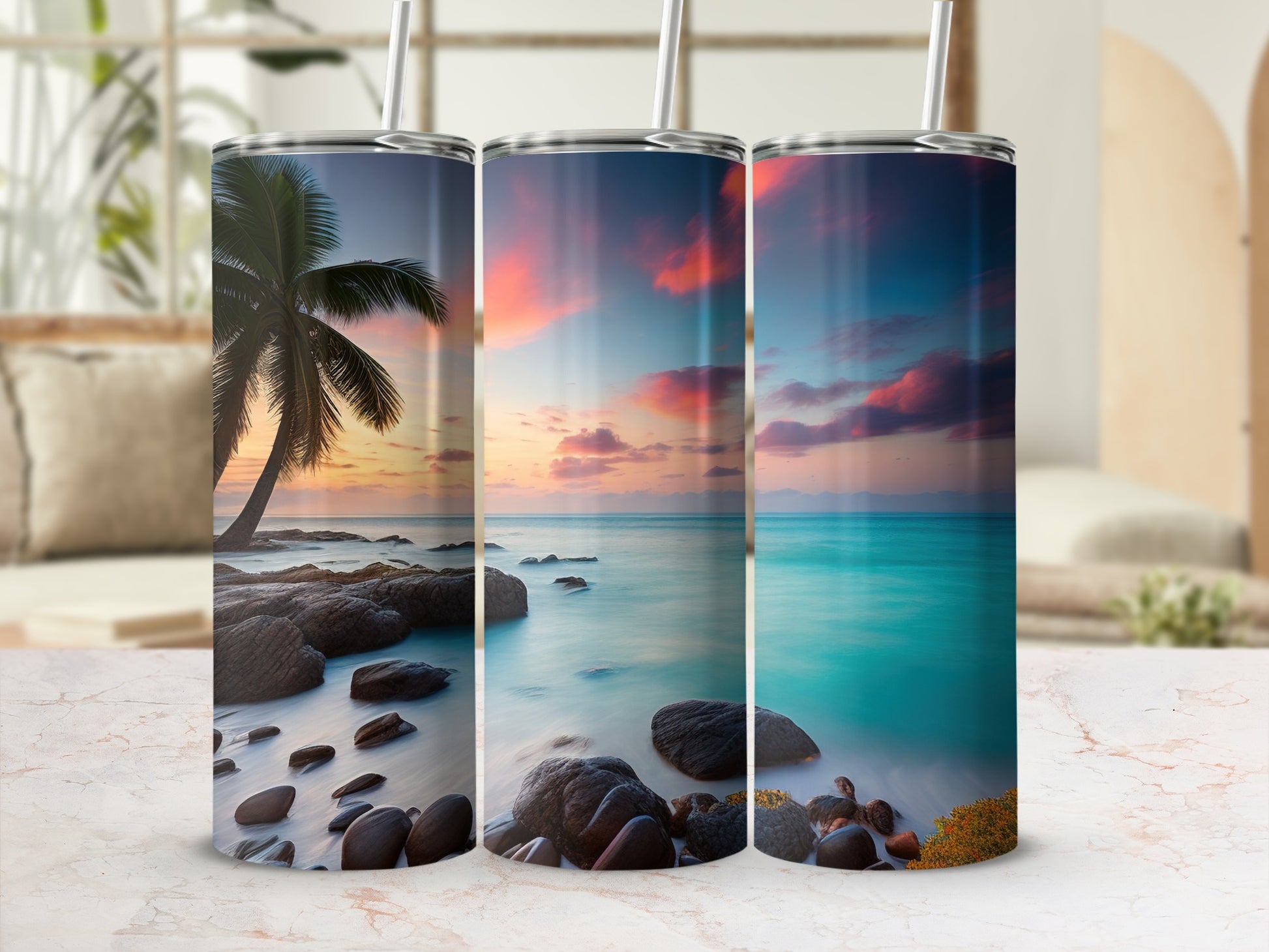 Scenic Tropical Beach Themed Tumbler Set for Travel