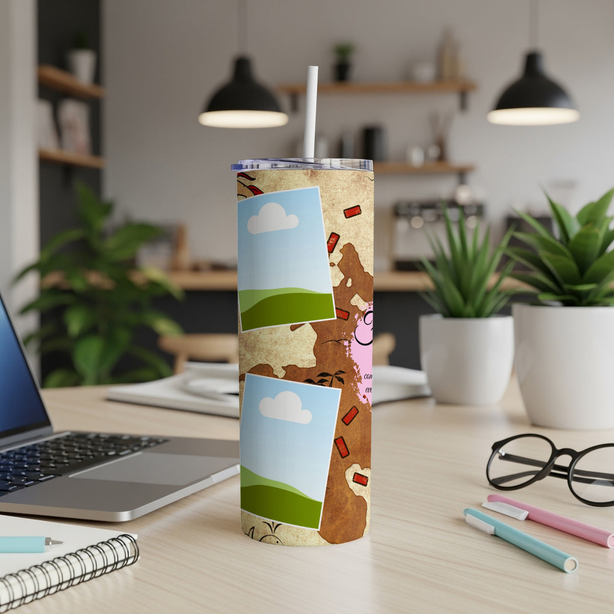 Tumbler with world map design and blank photo frames, straw in lid