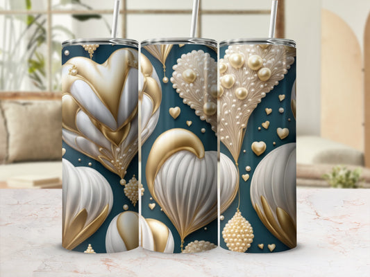 Three tumblers with ornate gold and white hearts on a teal background.