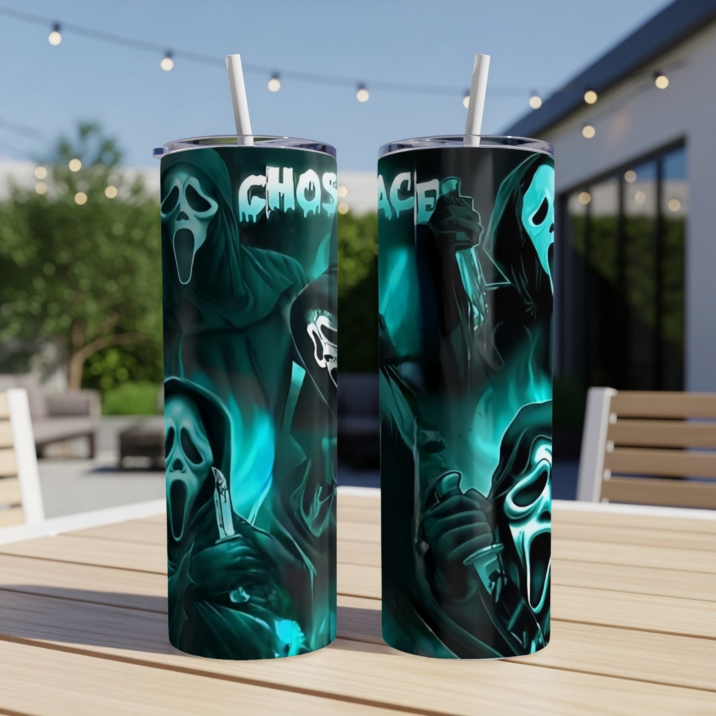 Two tumblers featuring the Ghostface mask and text "CHOS RACE" in teal.