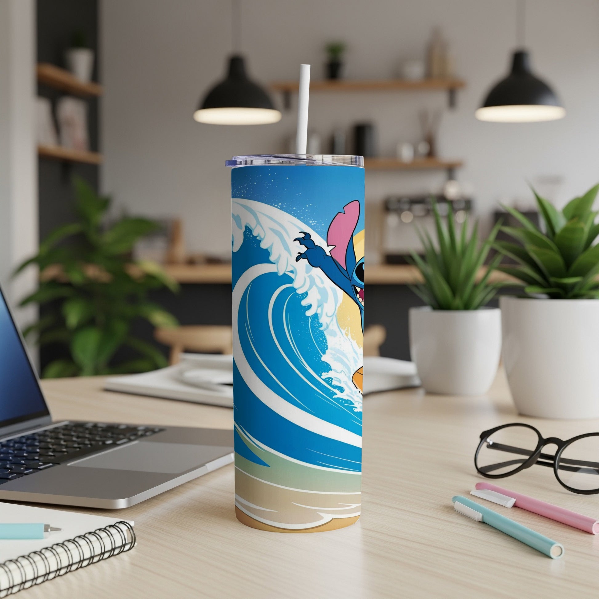 Stitch surfing a large wave on a blue and tan tumbler.