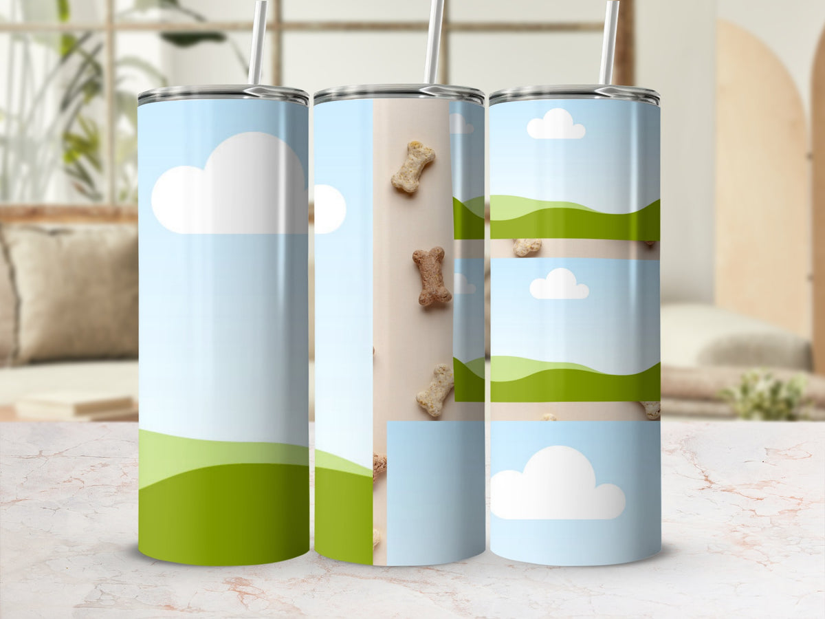 Tumblers with a sky, clouds, green hills, and dog bone patterns.