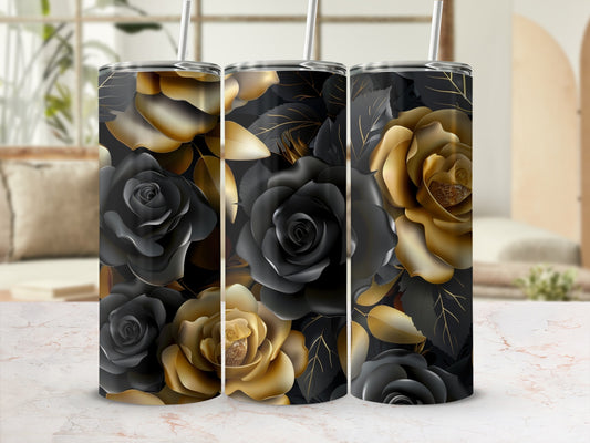 Three tumblers with black and gold roses and leaves pattern.