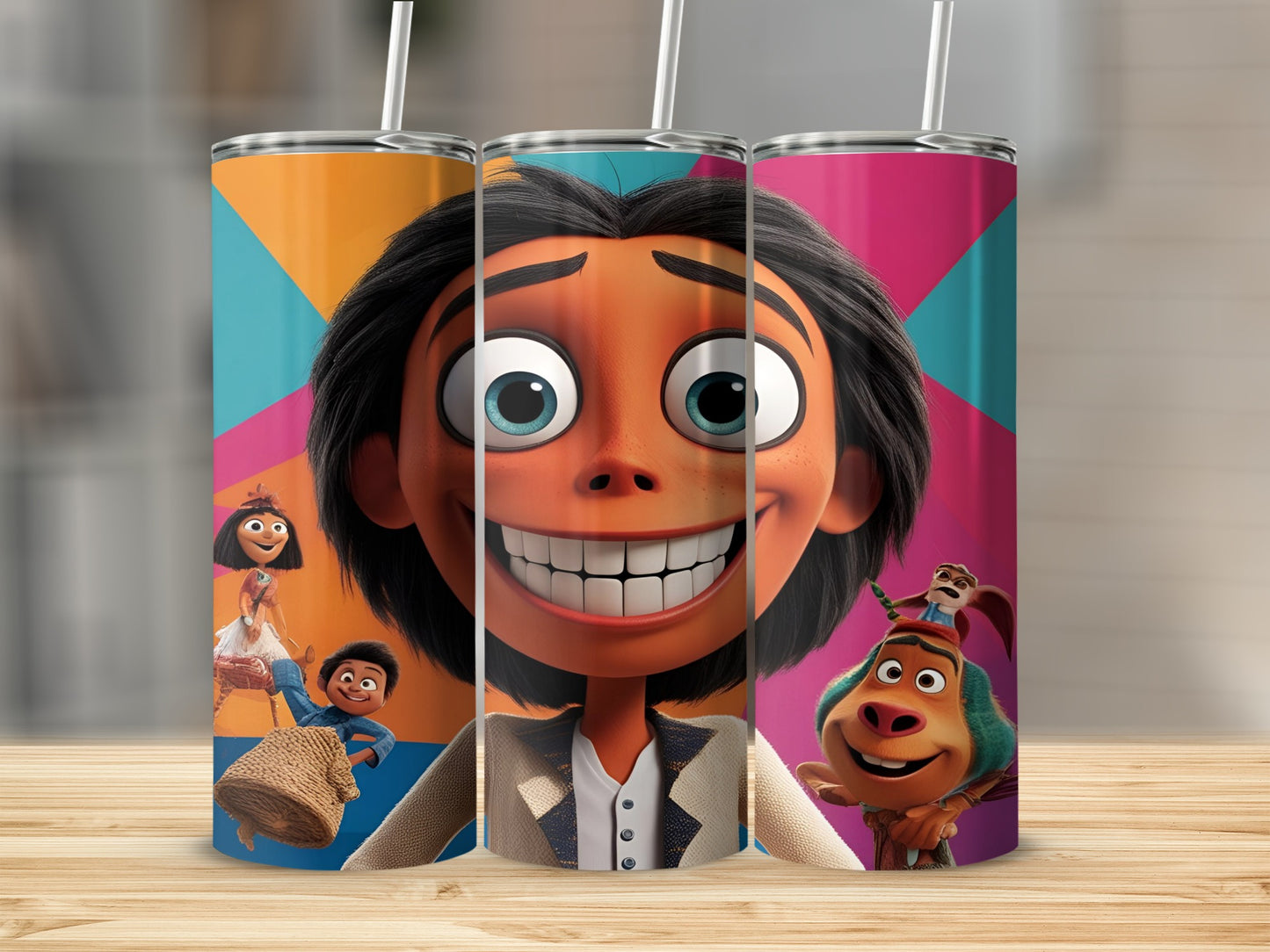 Three cartoon characters on a colorful, patterned tumbler cup.