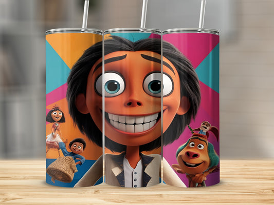 Three cartoon characters on a colorful, patterned tumbler cup.