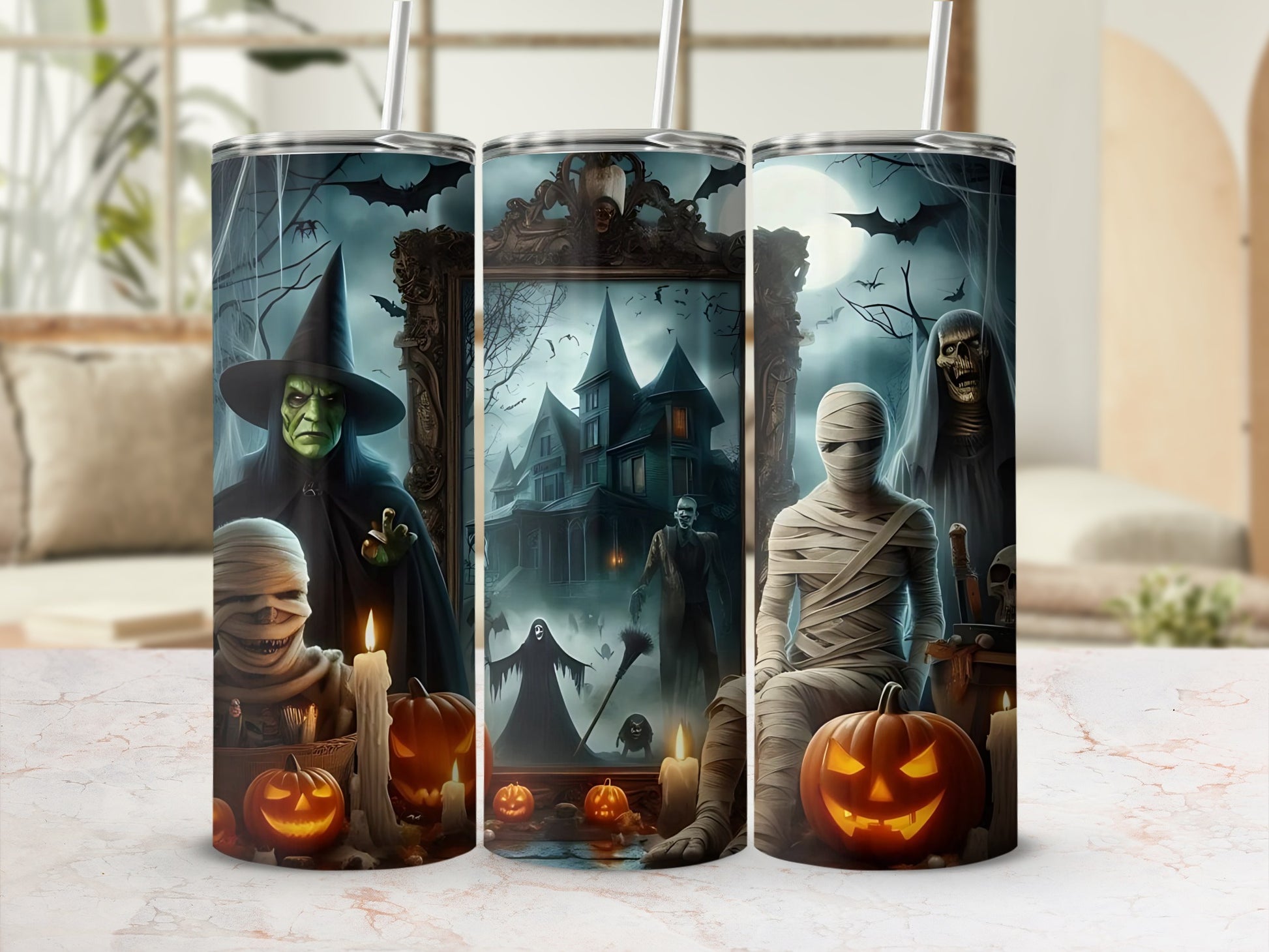 Three tumblers feature Halloween scenes with a witch, mummy, ghosts, and pumpkins.