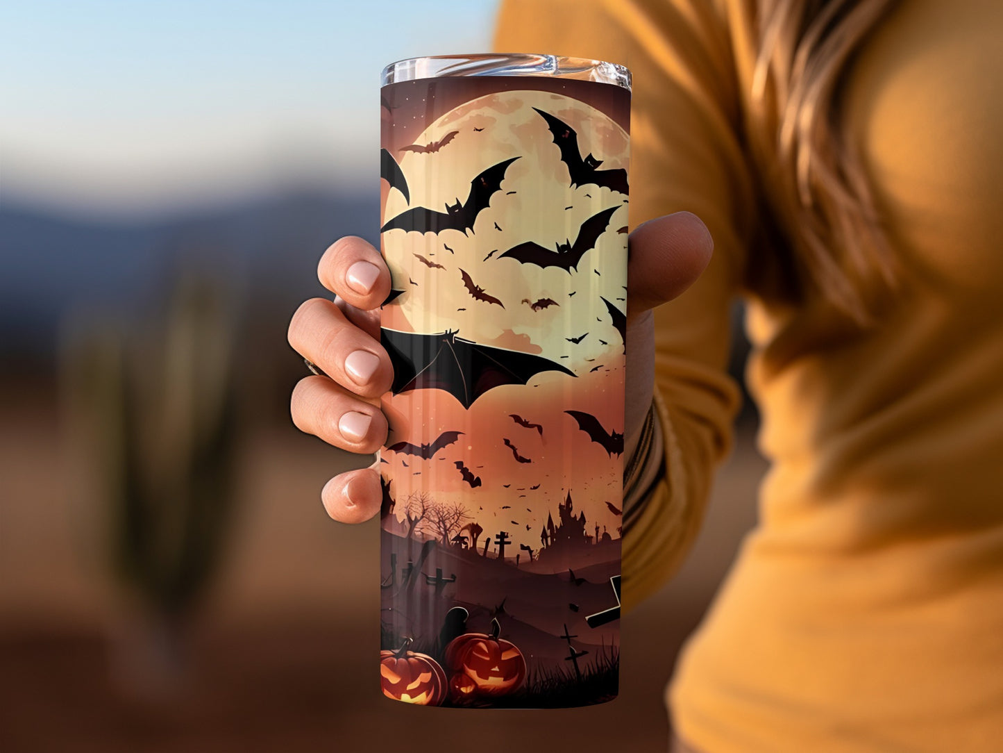 Halloween Bats and Pumpkins Themed Tumbler Cup