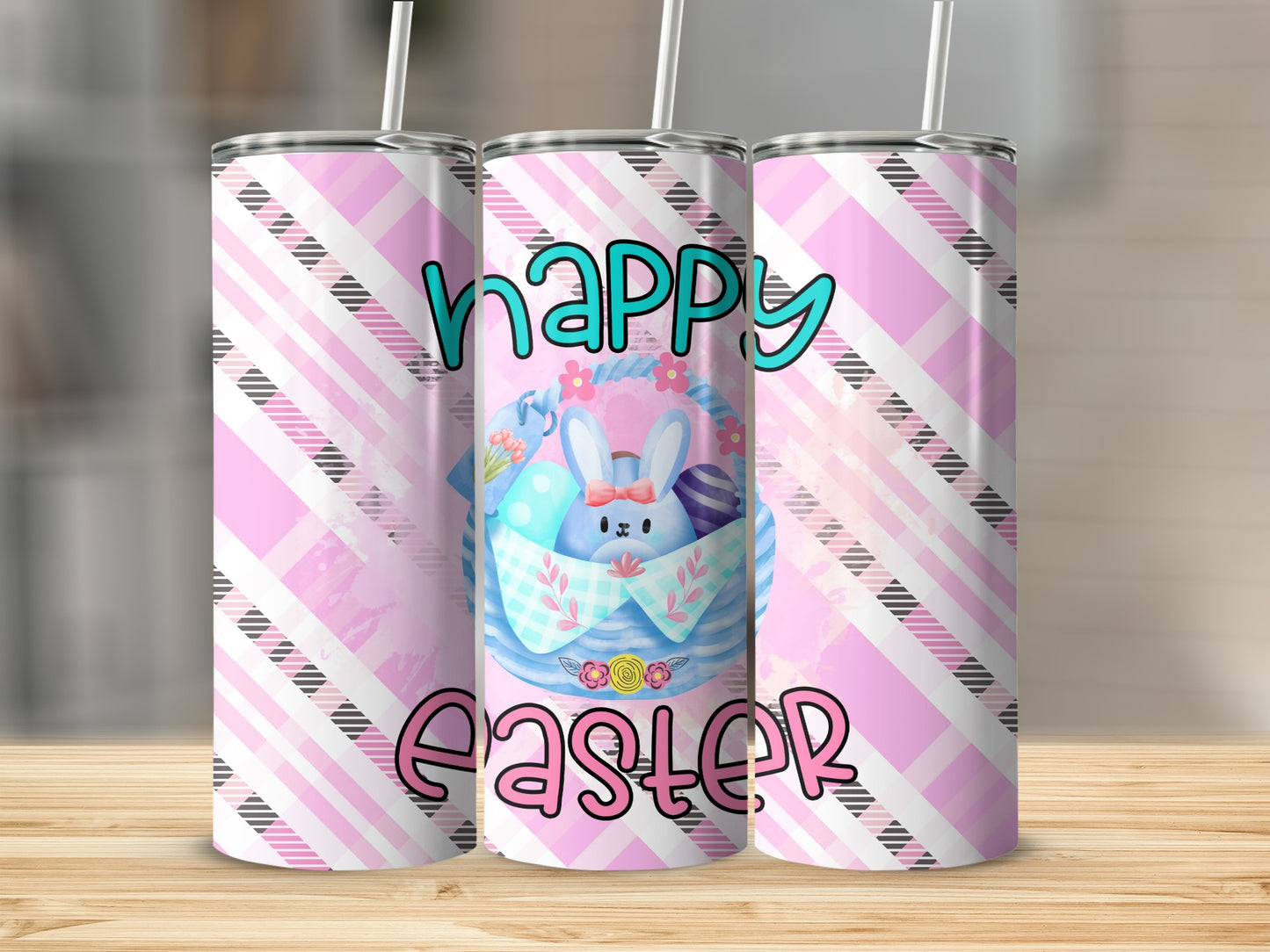 Pink plaid tumbler with "Happy Easter" text and a bunny in a basket.