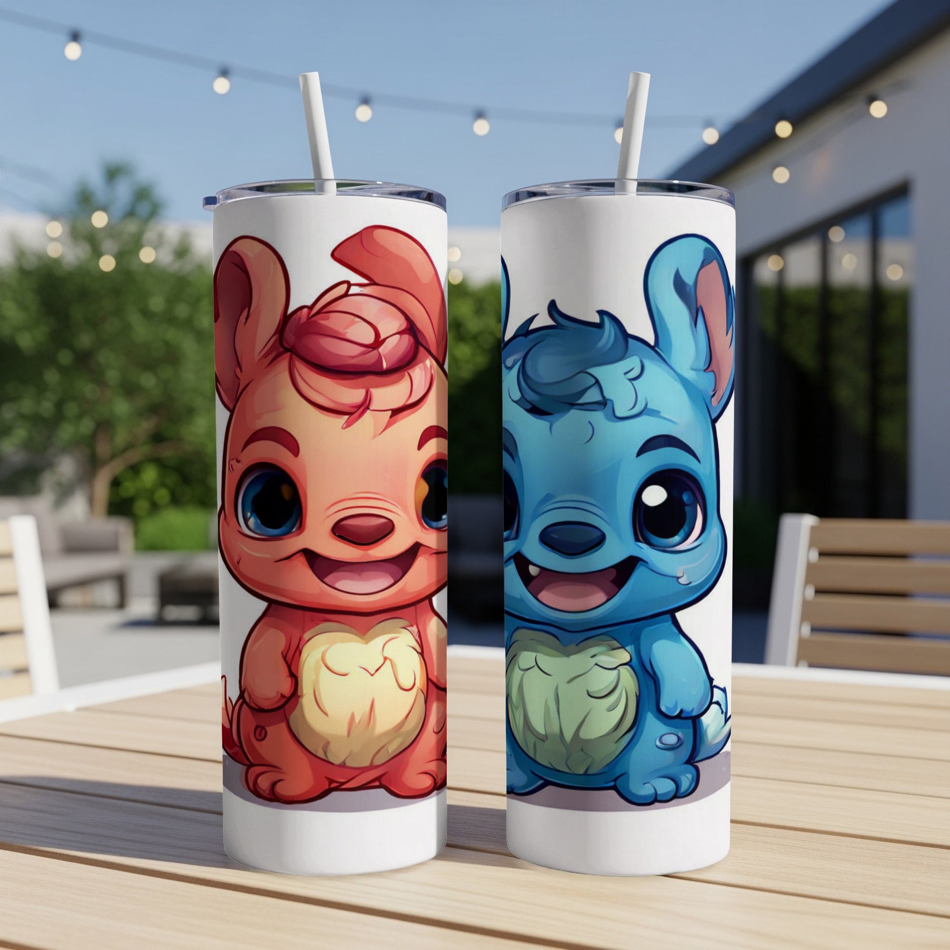 Two cartoon alien characters, one red and one blue, on insulated tumblers.