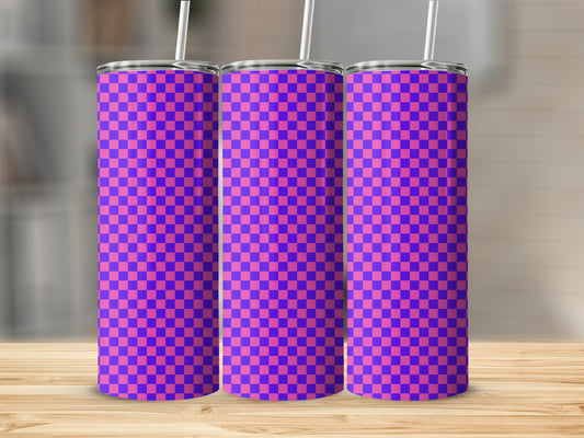 Three tall tumblers with a purple and pink checkerboard pattern.