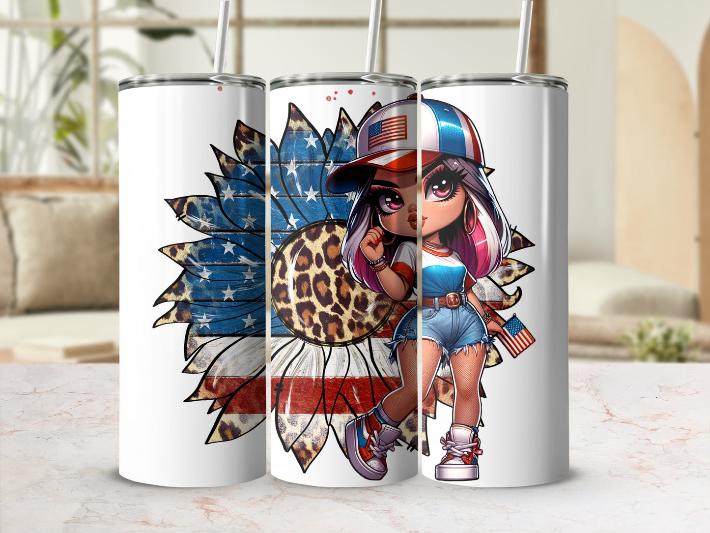 Sunflower design with patriotic girl wearing a baseball cap and denim shorts.