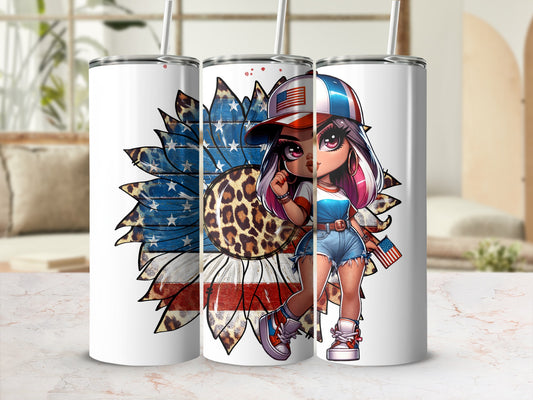 Sunflower design with patriotic girl wearing a baseball cap and denim shorts.