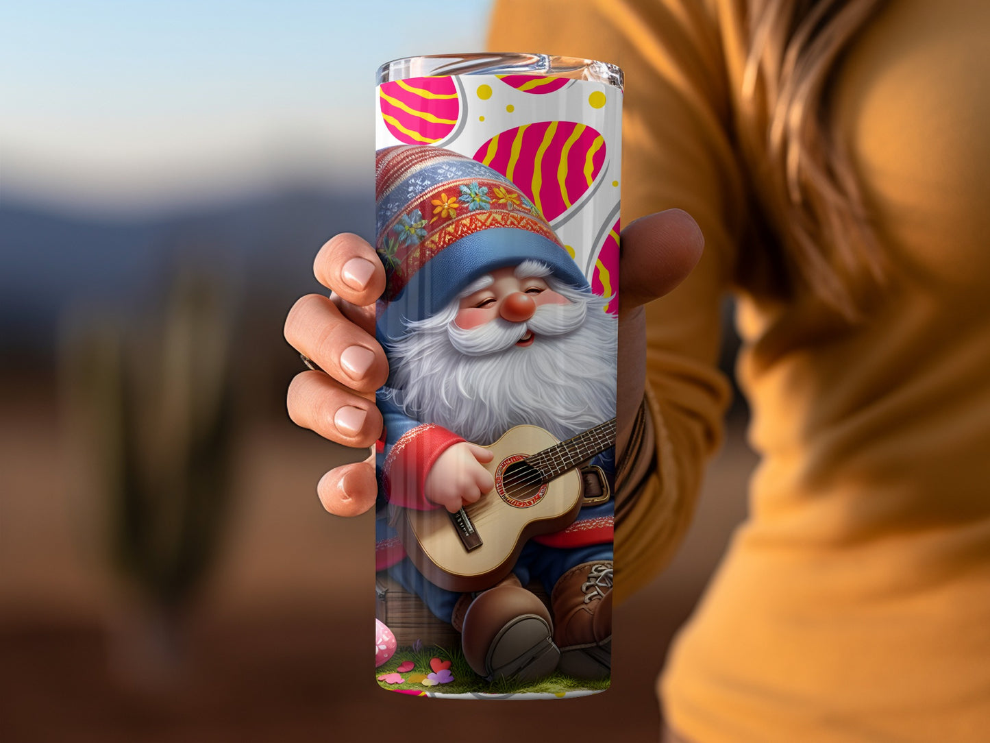 Colorful Festive Gnome with Guitar Tumbler Cup