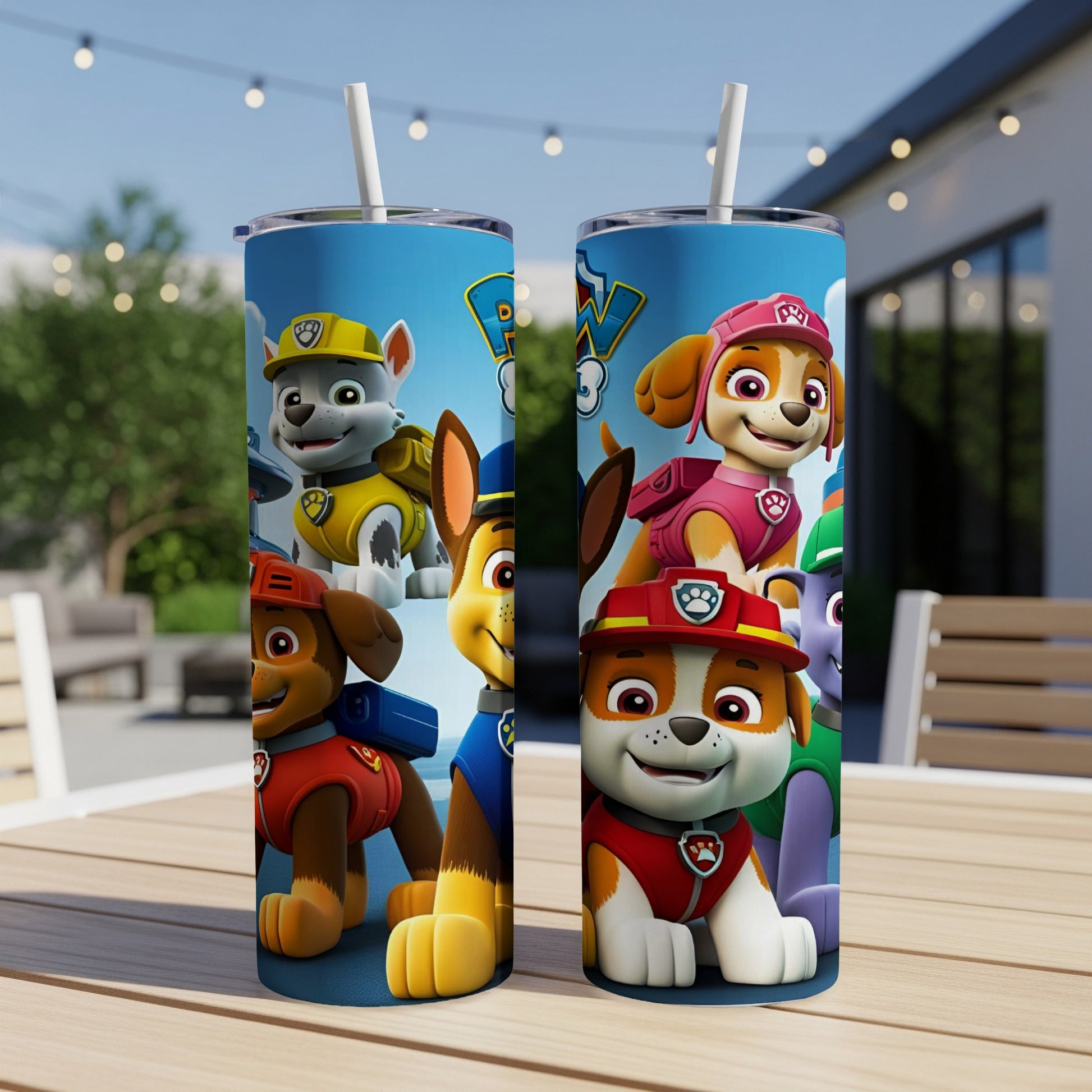 Paw Patrol characters on a blue tumbler with straw.