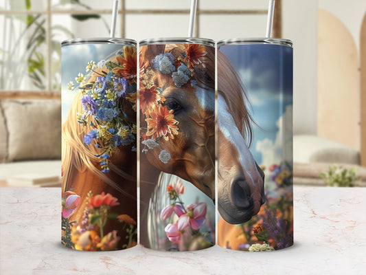 Horse with flowers and artistic background on tumblers.