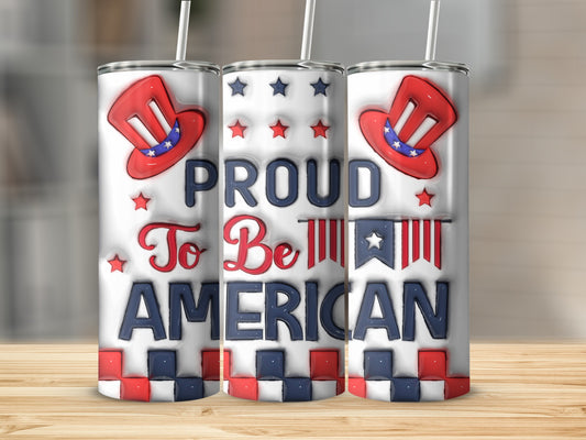 Proud To Be American tumbler with patriotic hat and checkered design.