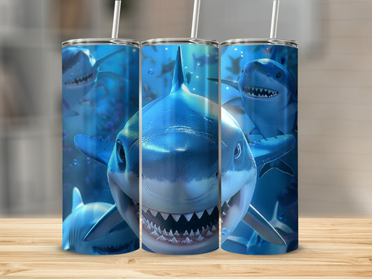 Three tumblers with a close-up of a shark's smiling face and sharp teeth.