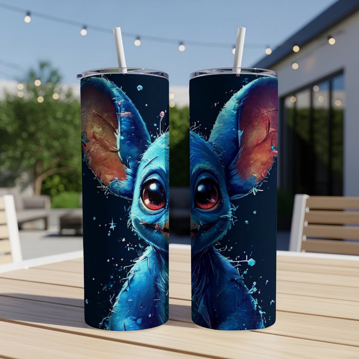 Blue alien creature with large ears and wide eyes on a dark speckled background.