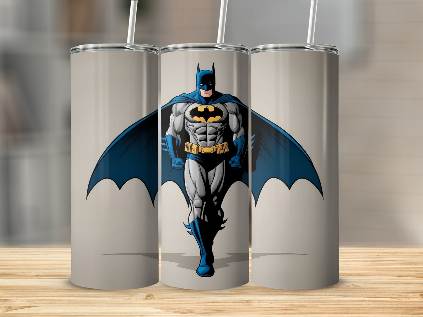 Batman standing center, cape spread, on a neutral background.