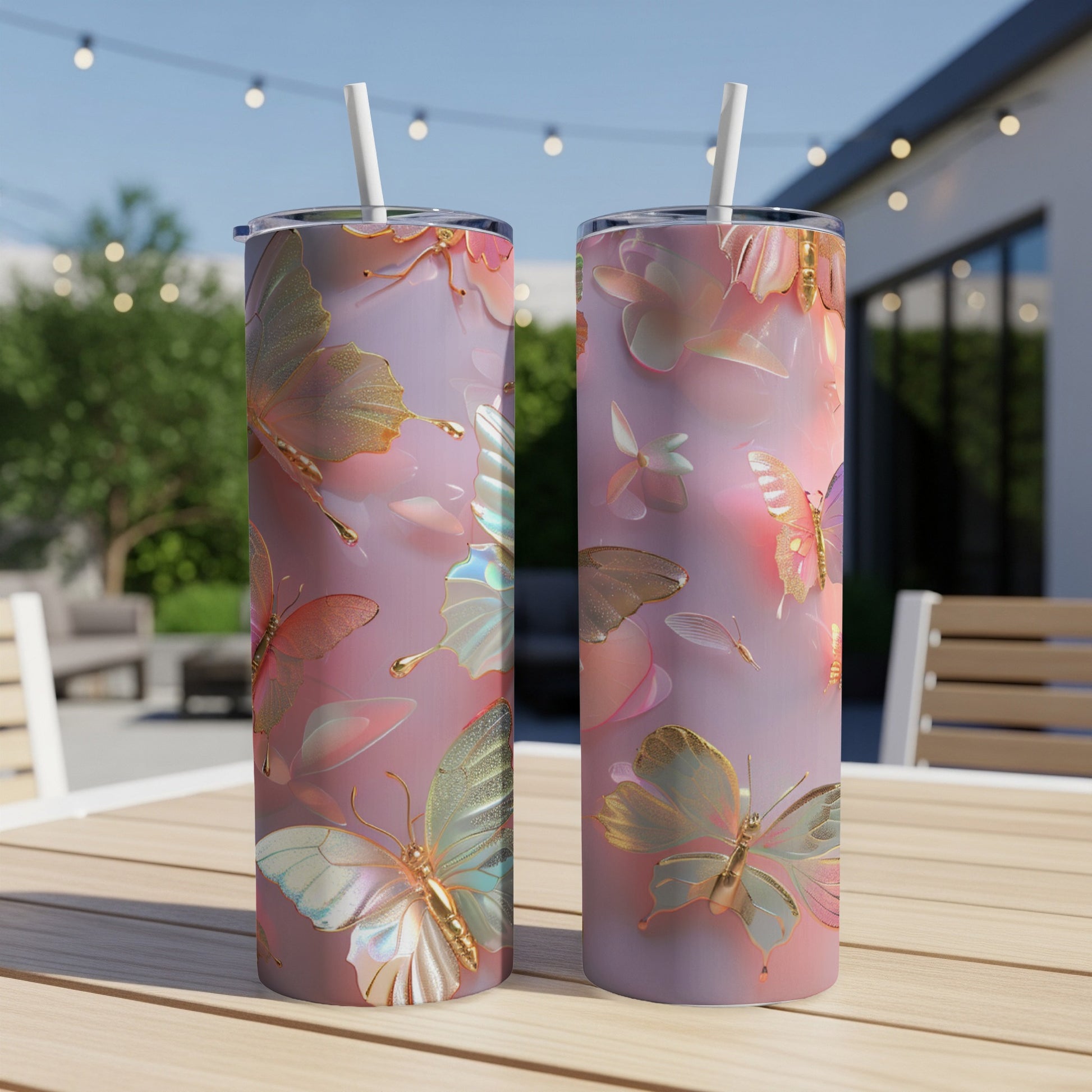 Two iridescent butterfly patterned tumblers with straws on a wooden table.