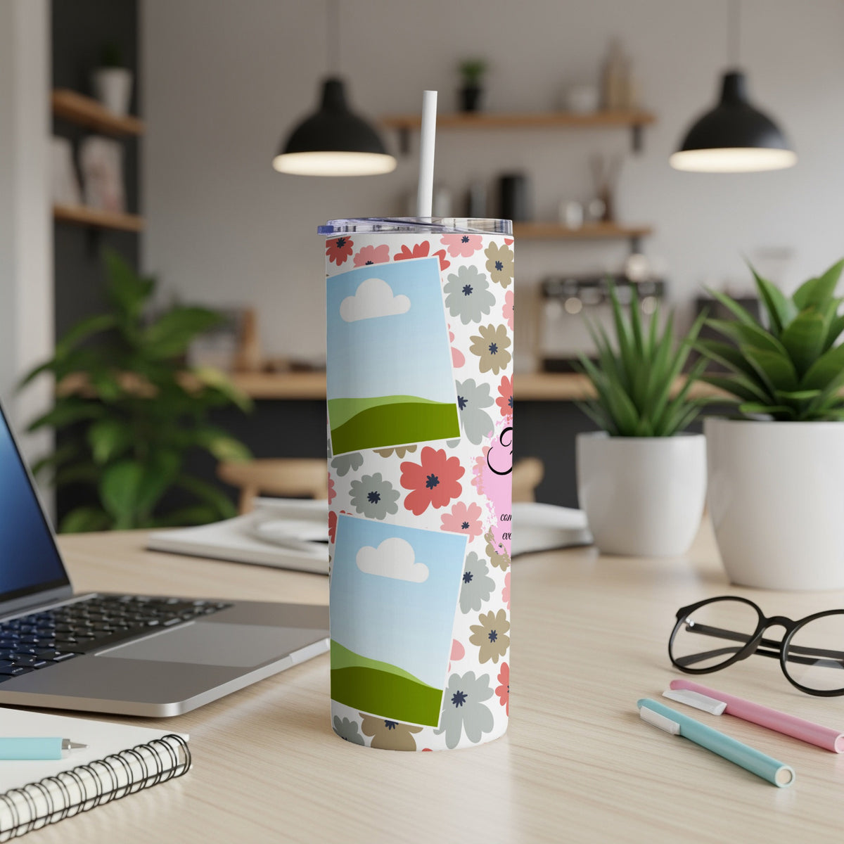 Tall tumbler with floral pattern, photo placeholders, and straw.