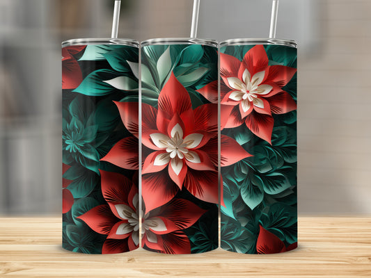 Three tumblers featuring red and teal floral patterns on a wooden surface.