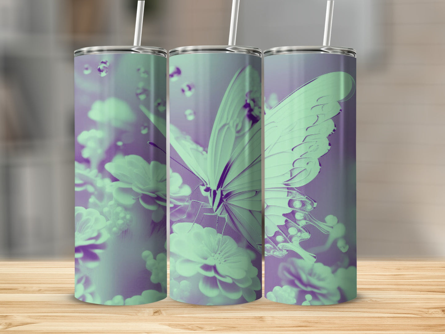 Green and purple butterfly on flowers, a tall tumbler wrap.