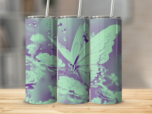 Green and purple butterfly on flowers, a tall tumbler wrap.