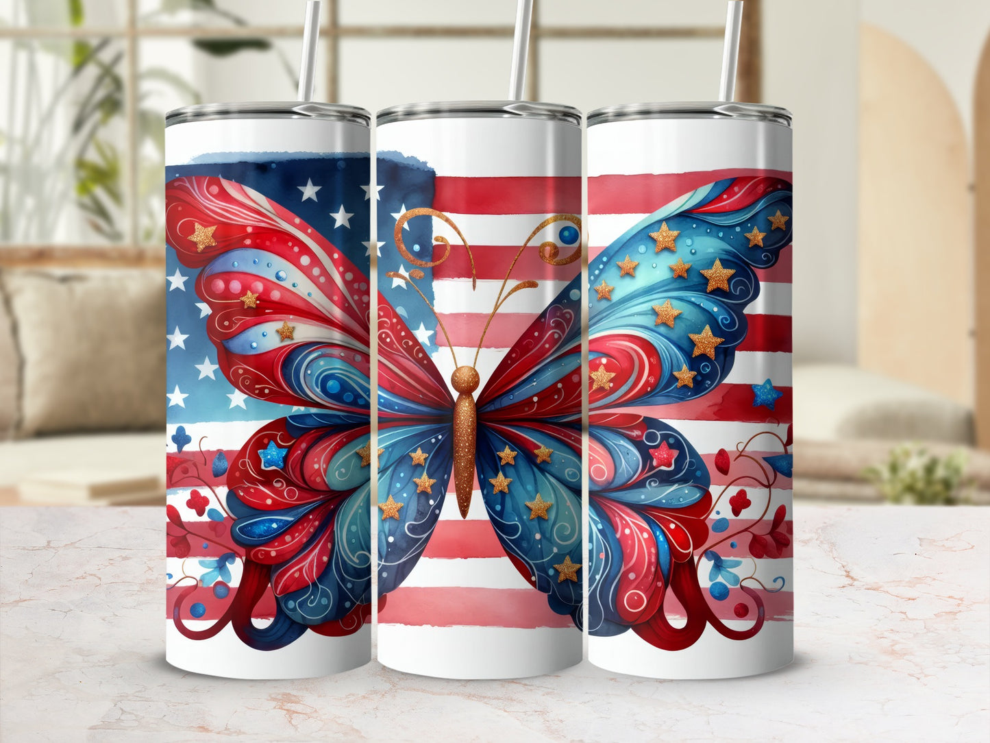 Red, white, and blue patriotic butterfly tumbler design with stars and stripes.