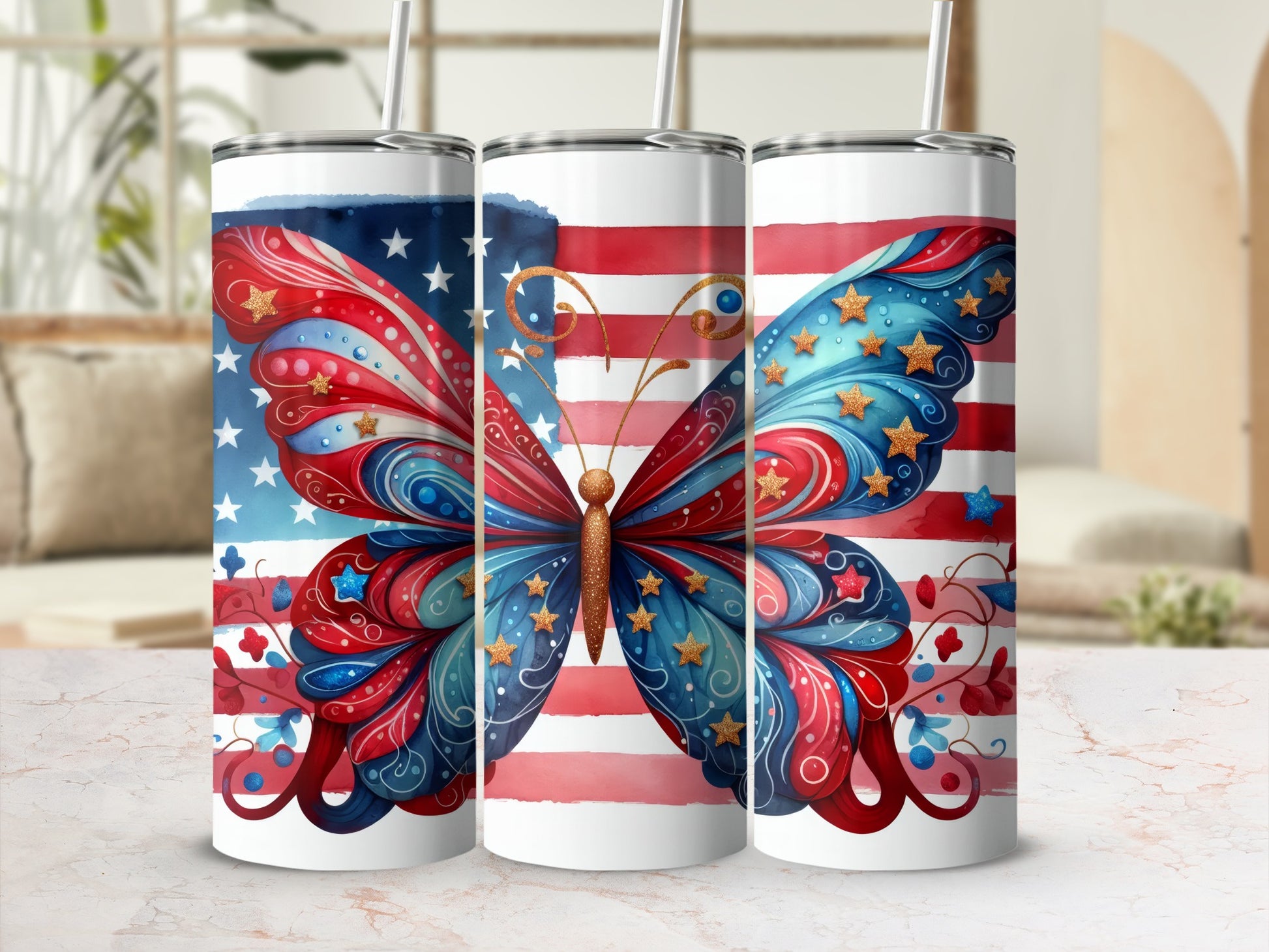 Red, white, and blue patriotic butterfly tumbler design with stars and stripes.