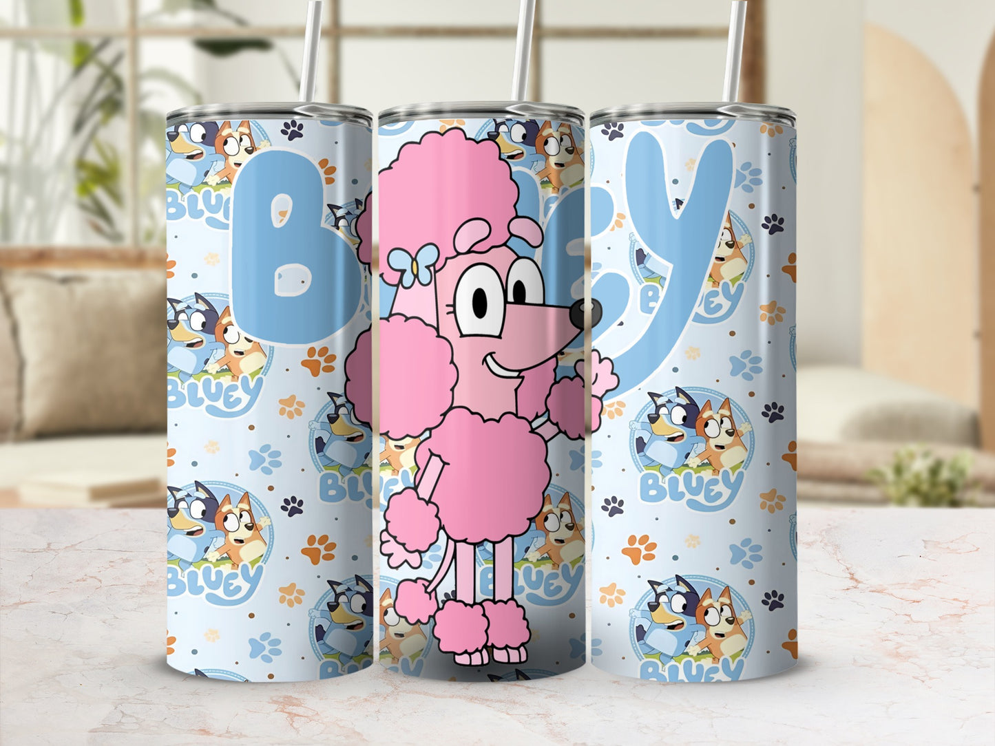 Bluey character tumbler with blue and pink accents.