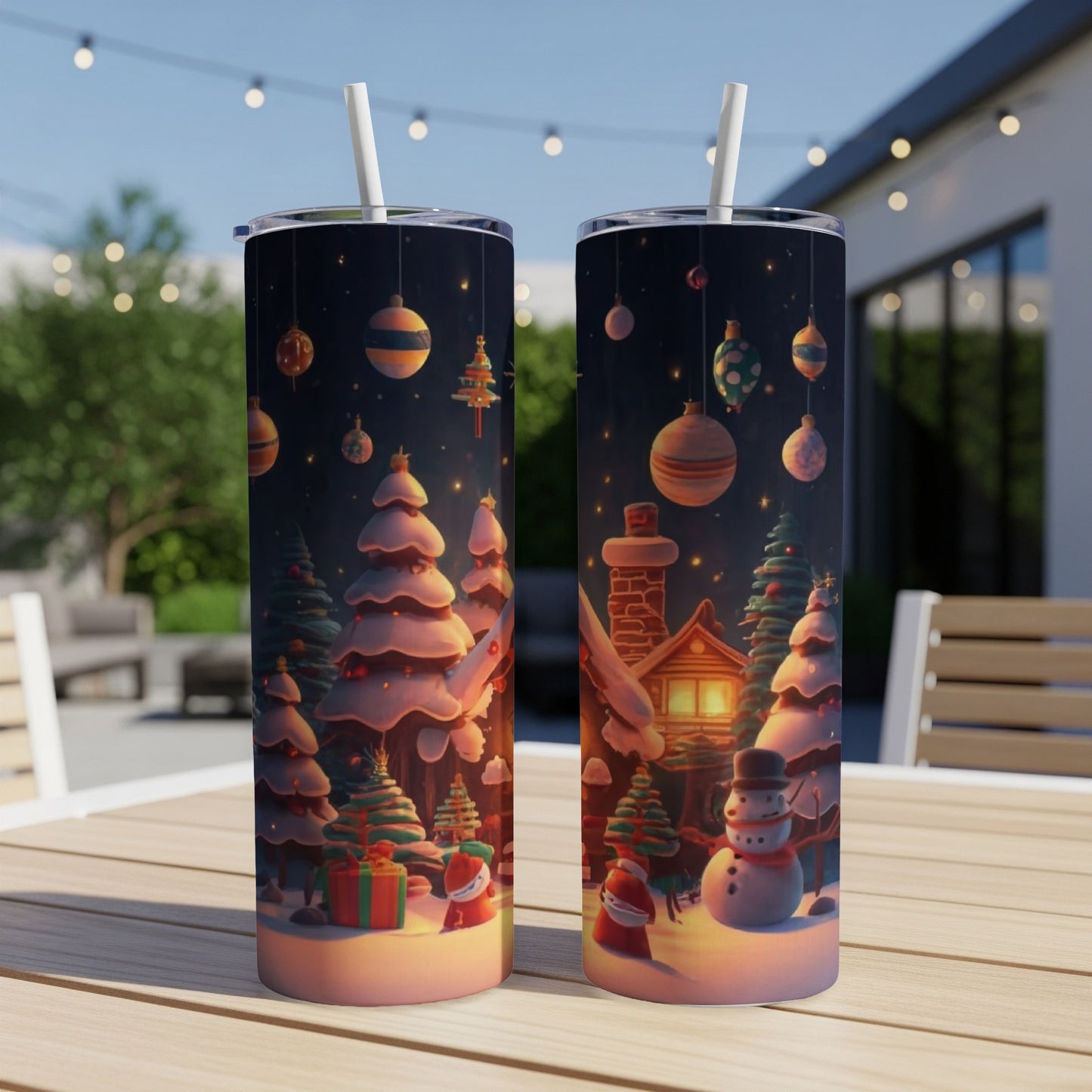 Christmas scene with snowmen, Santa, and decorated trees on two tumblers.