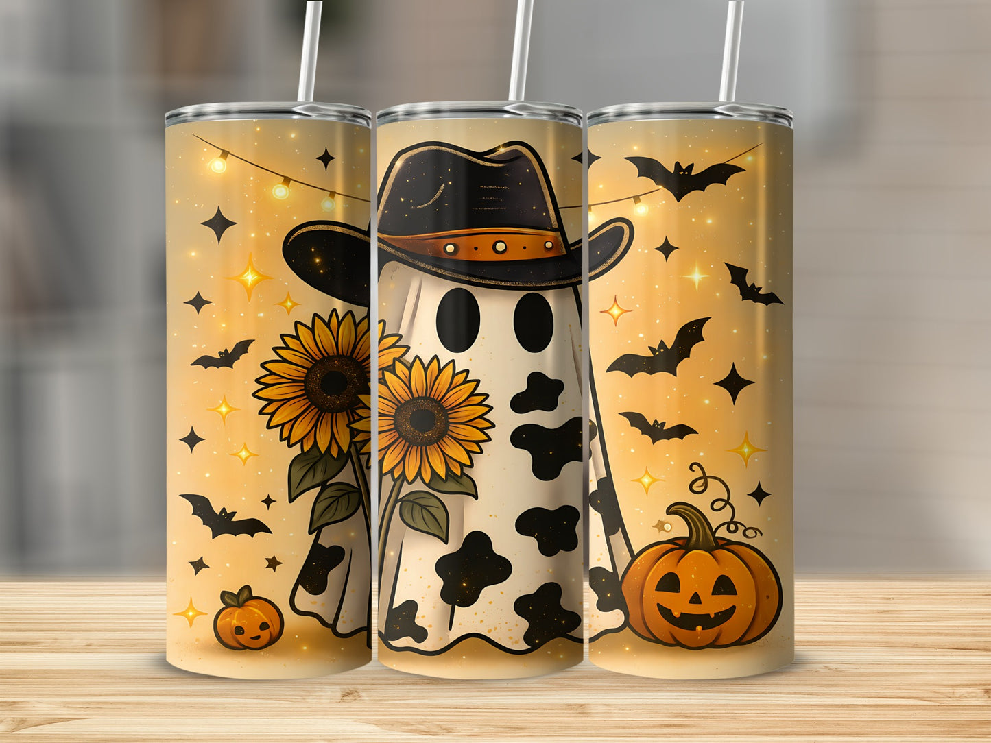 Three tumblers with cow print ghost wearing cowboy hat, sunflowers, bats, and pumpkins.