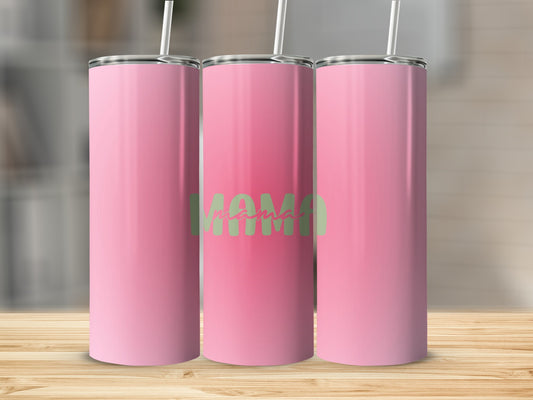 Pink tumbler with "Mama" text on a wooden surface.