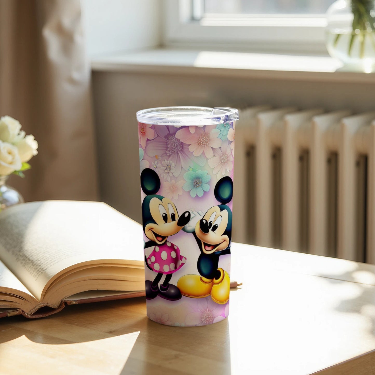 Mickey and Minnie Floral Print Travel Tumbler Cup