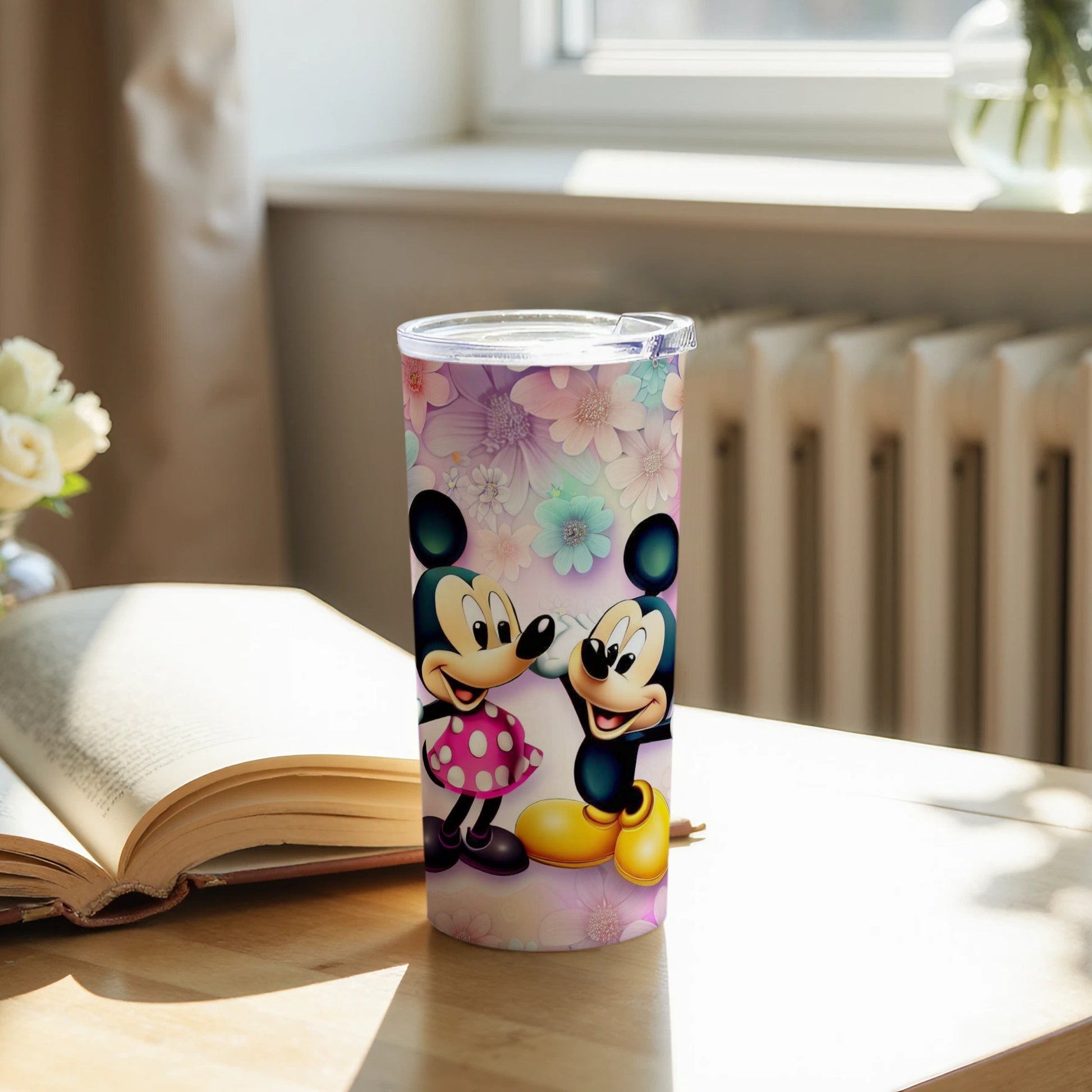 Mickey and Minnie Floral Print Travel Tumbler Cup