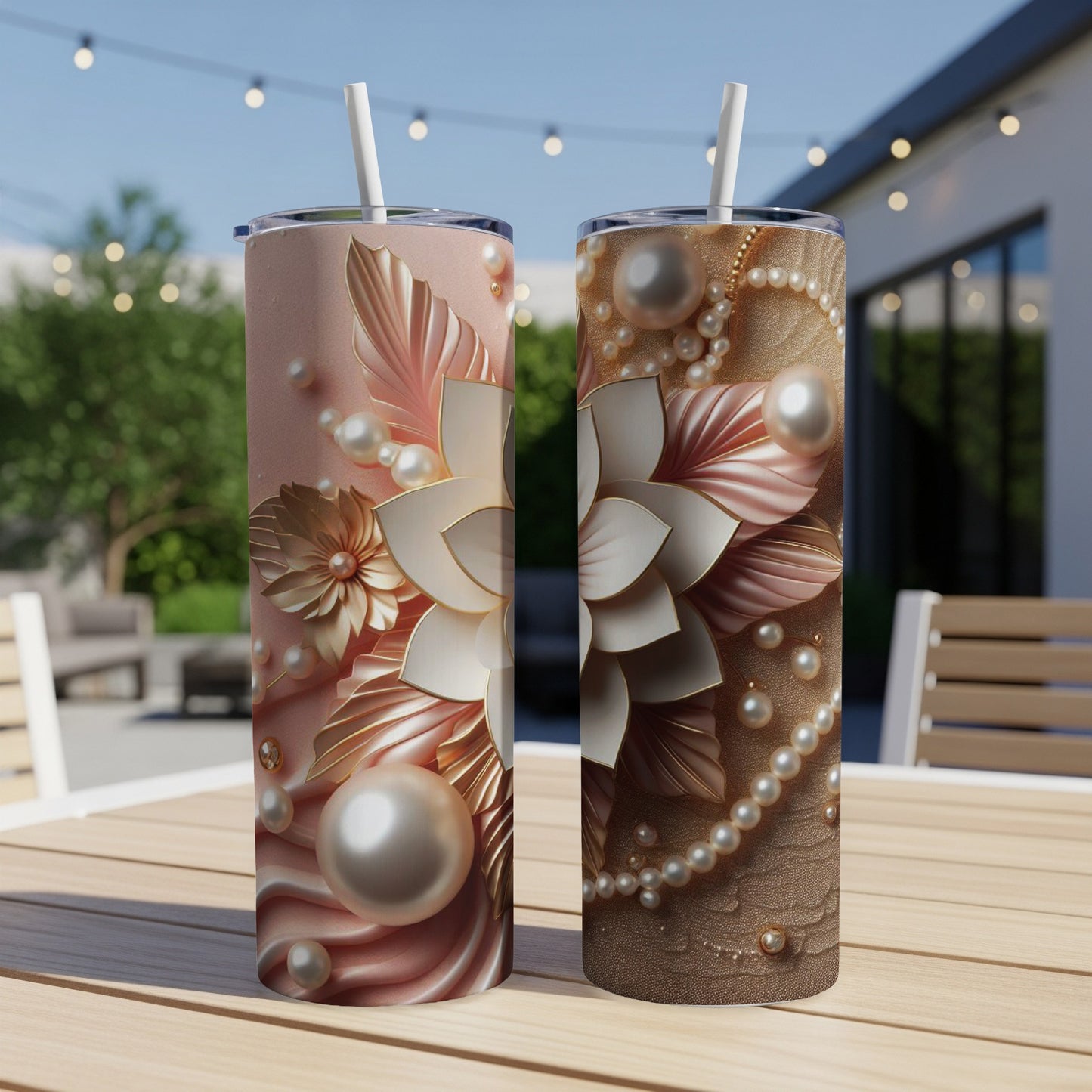 Two tall, skinny tumblers with floral and pearl designs on a wooden table.