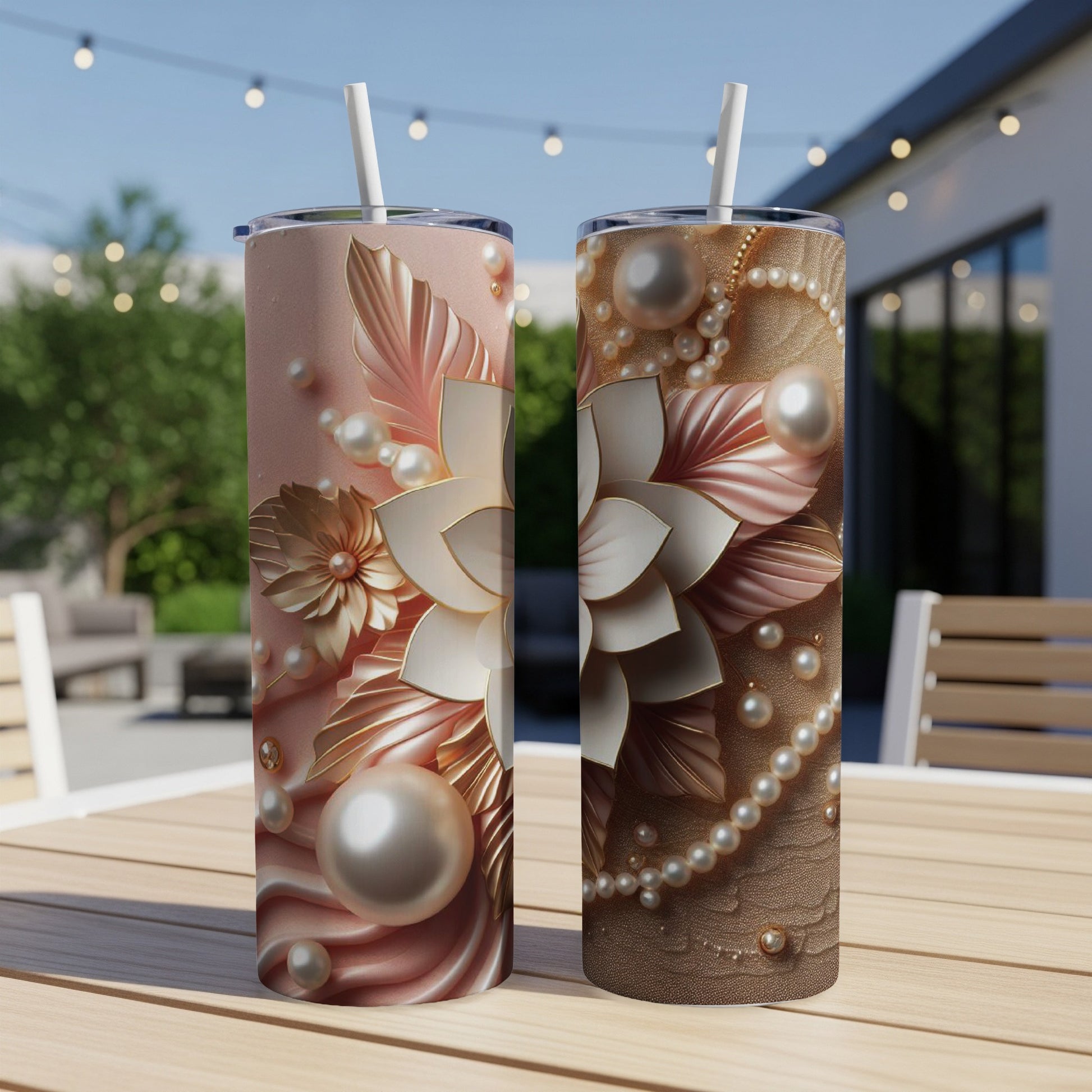 Two tall, skinny tumblers with floral and pearl designs on a wooden table.