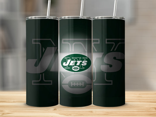 Three tumblers with the New York Jets logo and football design.