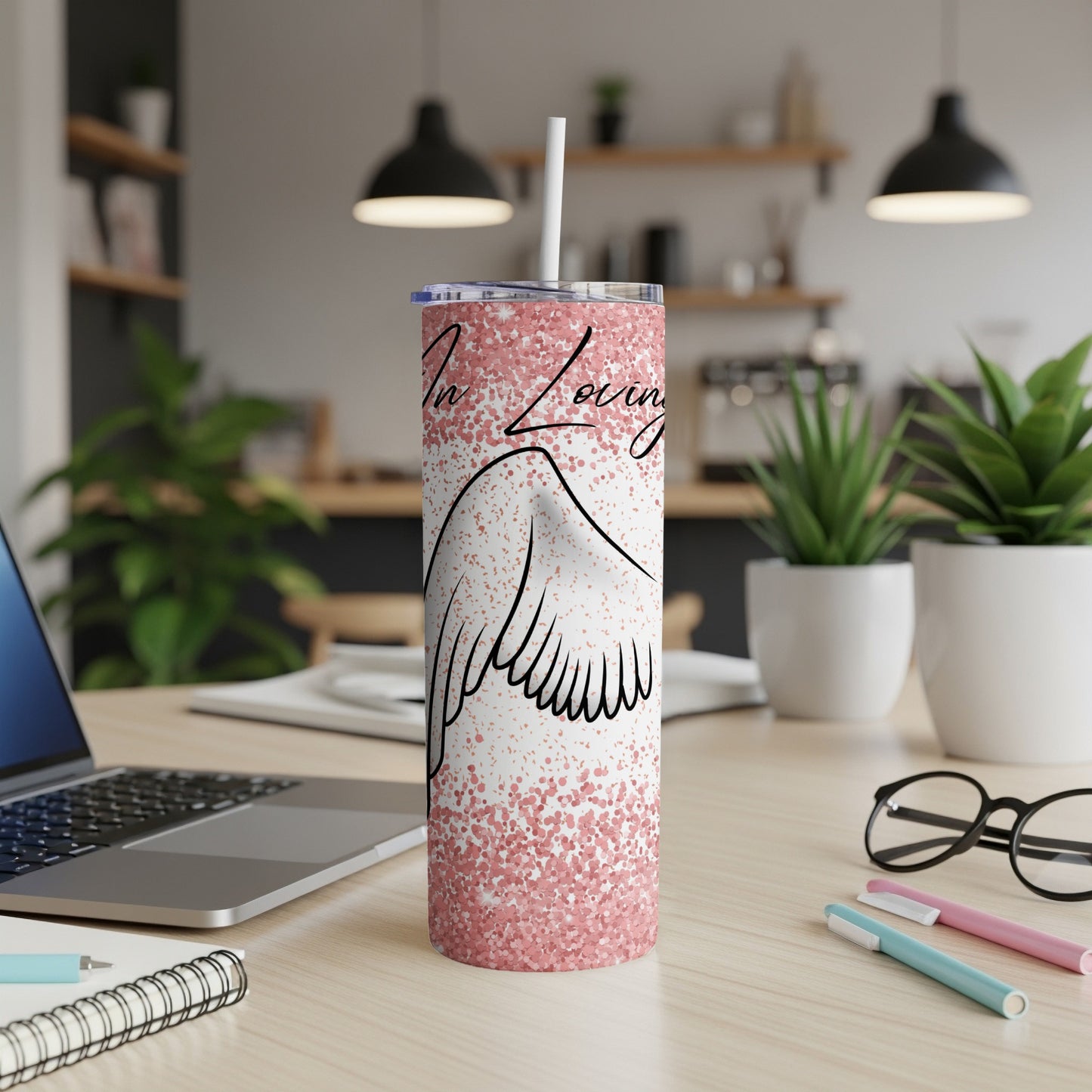 Glittery tumbler with "In Loving Memory" text and angel wings design.