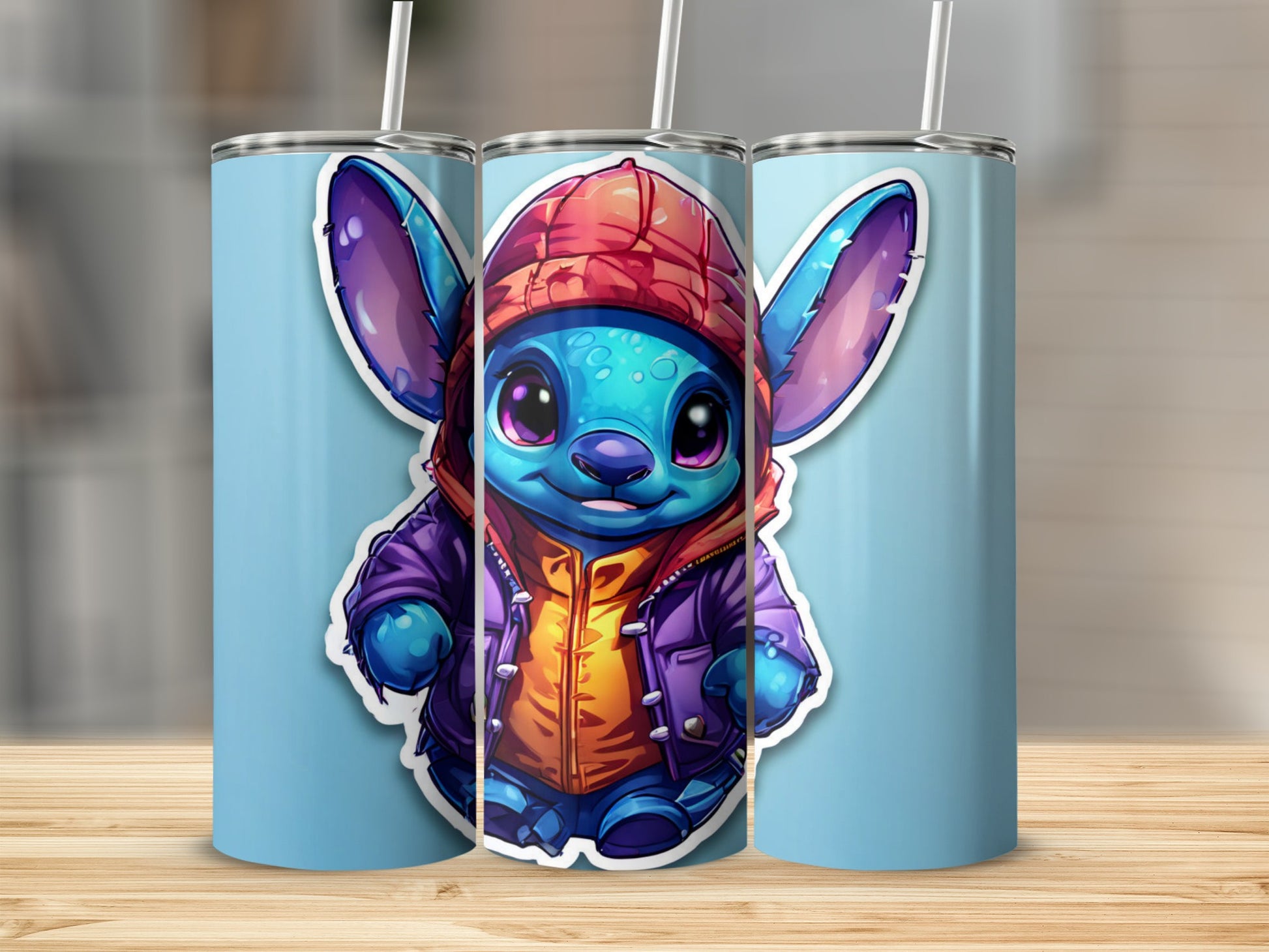 Stitch wearing a hooded jacket and beanie against a blue background.
